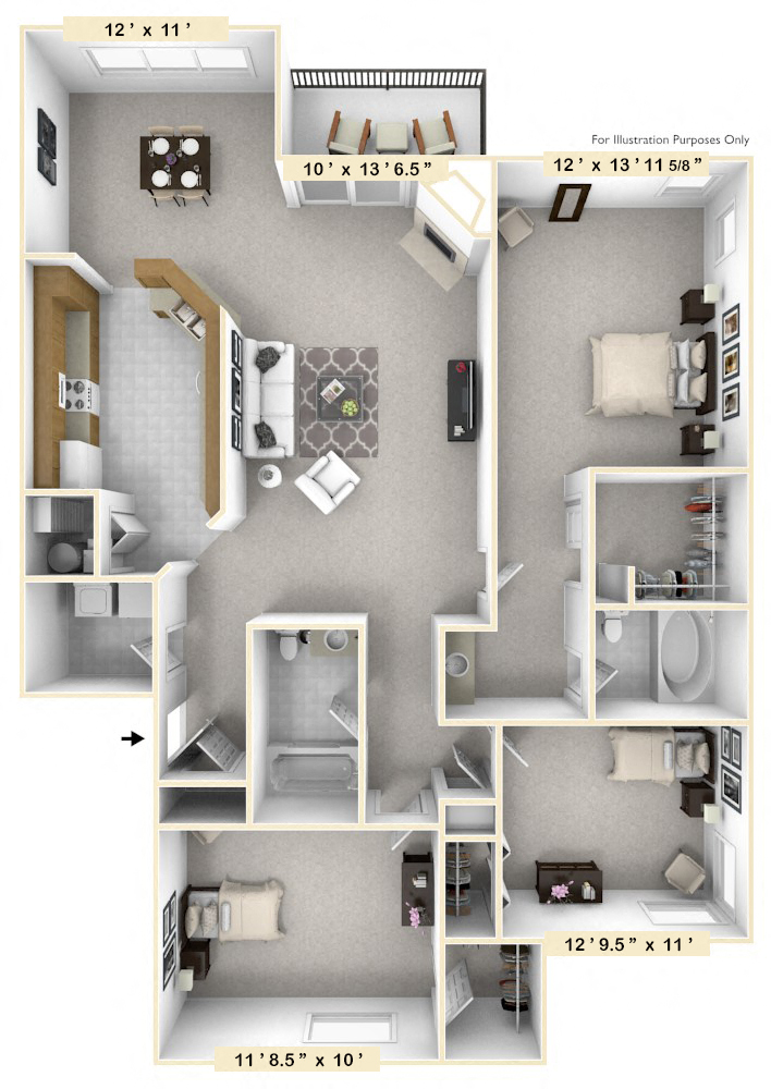 Floor plan for 3 beds, 2 baths, 1365 sqft